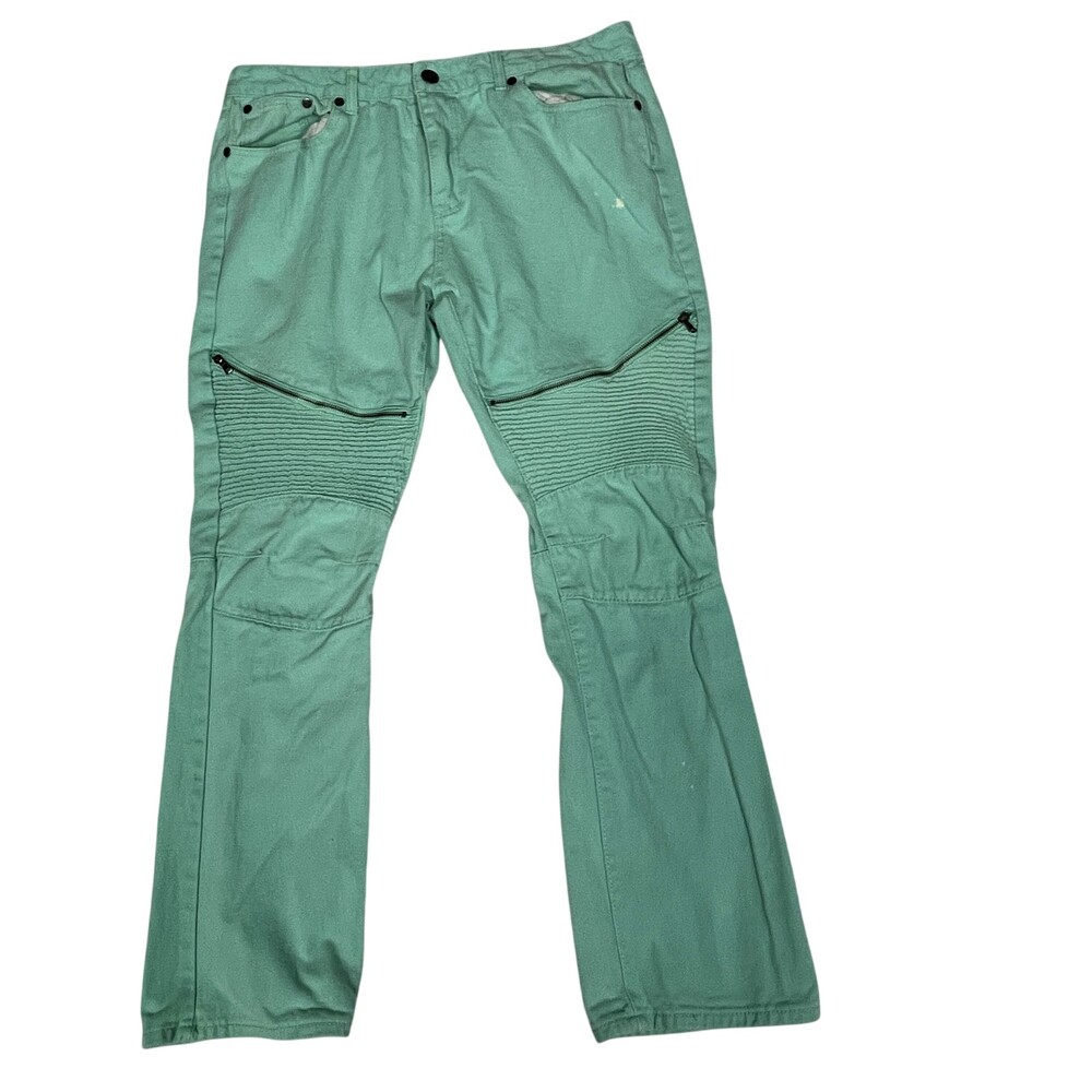Blue Cult Jeans Mens 41x33 Green Moto Biker Zipper Knee Straight Denim Pants